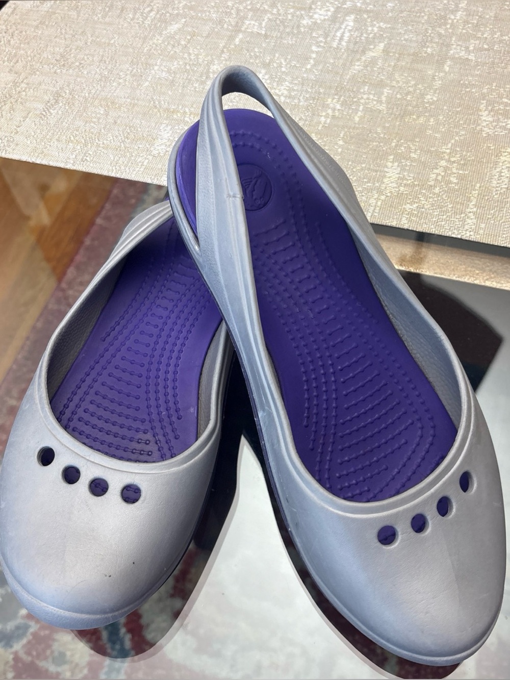 CROCS Silver Slip-On Flats with Purple Insole